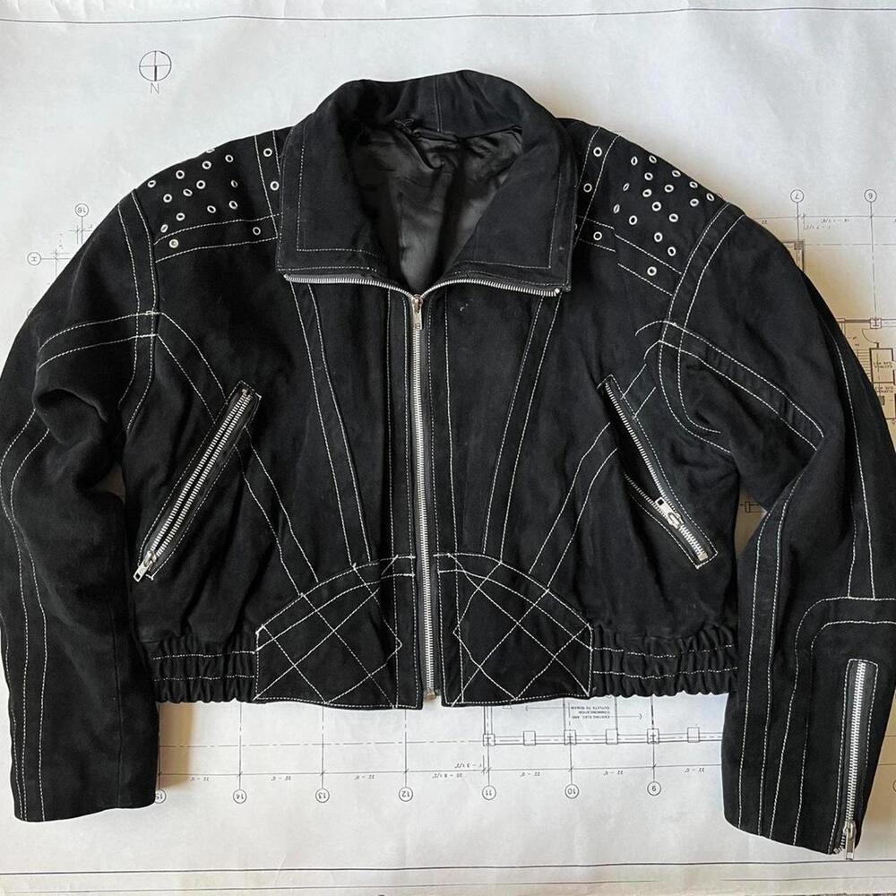 Vintage y2k black suede leather cropped puffer coat.
